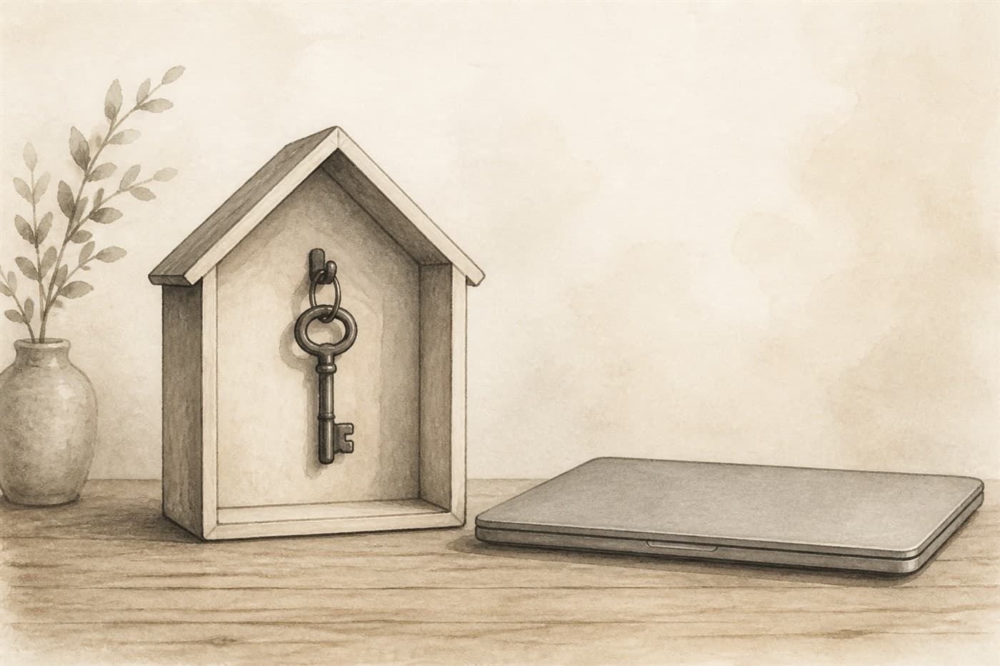 A house with a key hanging inside, next to a laptop on a desk