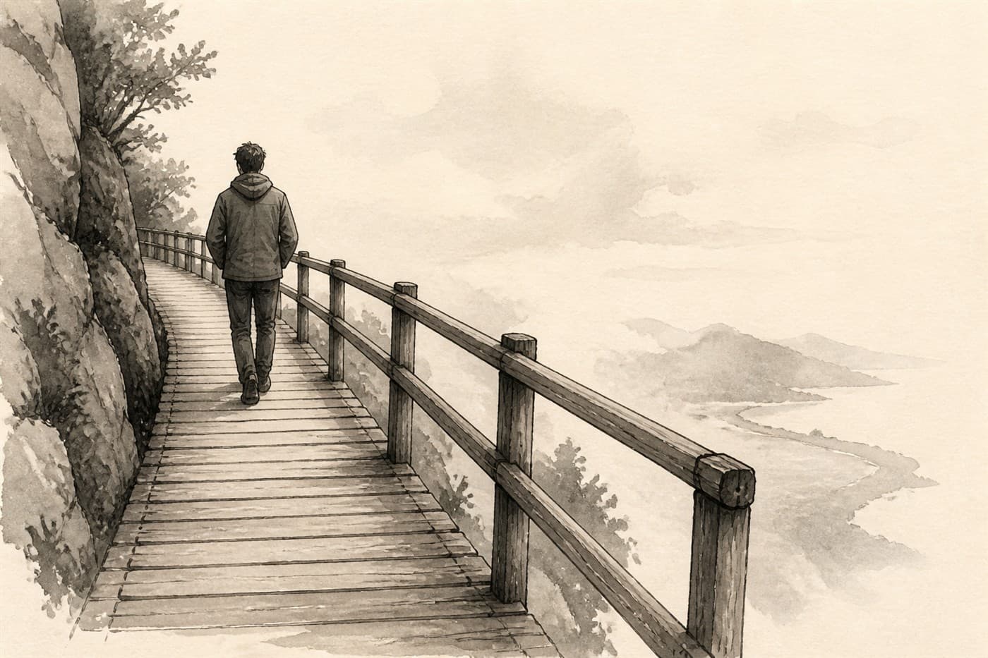 A person walking a wooden path with a handrail beside a drop
