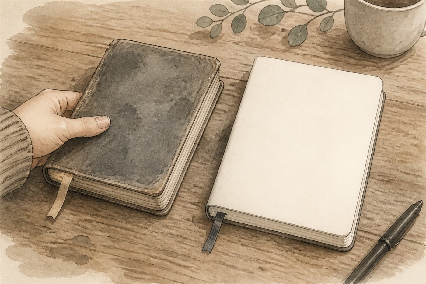 A worn notebook placed beside a fresh blank notebook on a desk