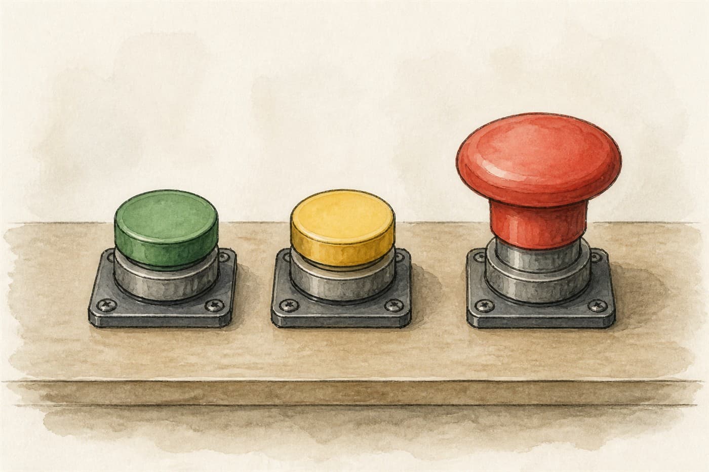 A green start button, a yellow pause button, and a red emergency stop on a desk