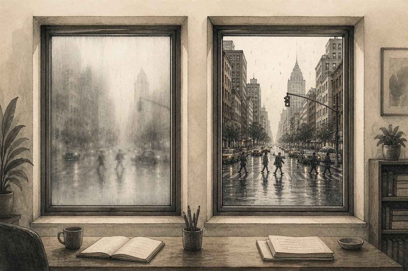 Two windows looking at the same rainy street, one fogged and one clear
