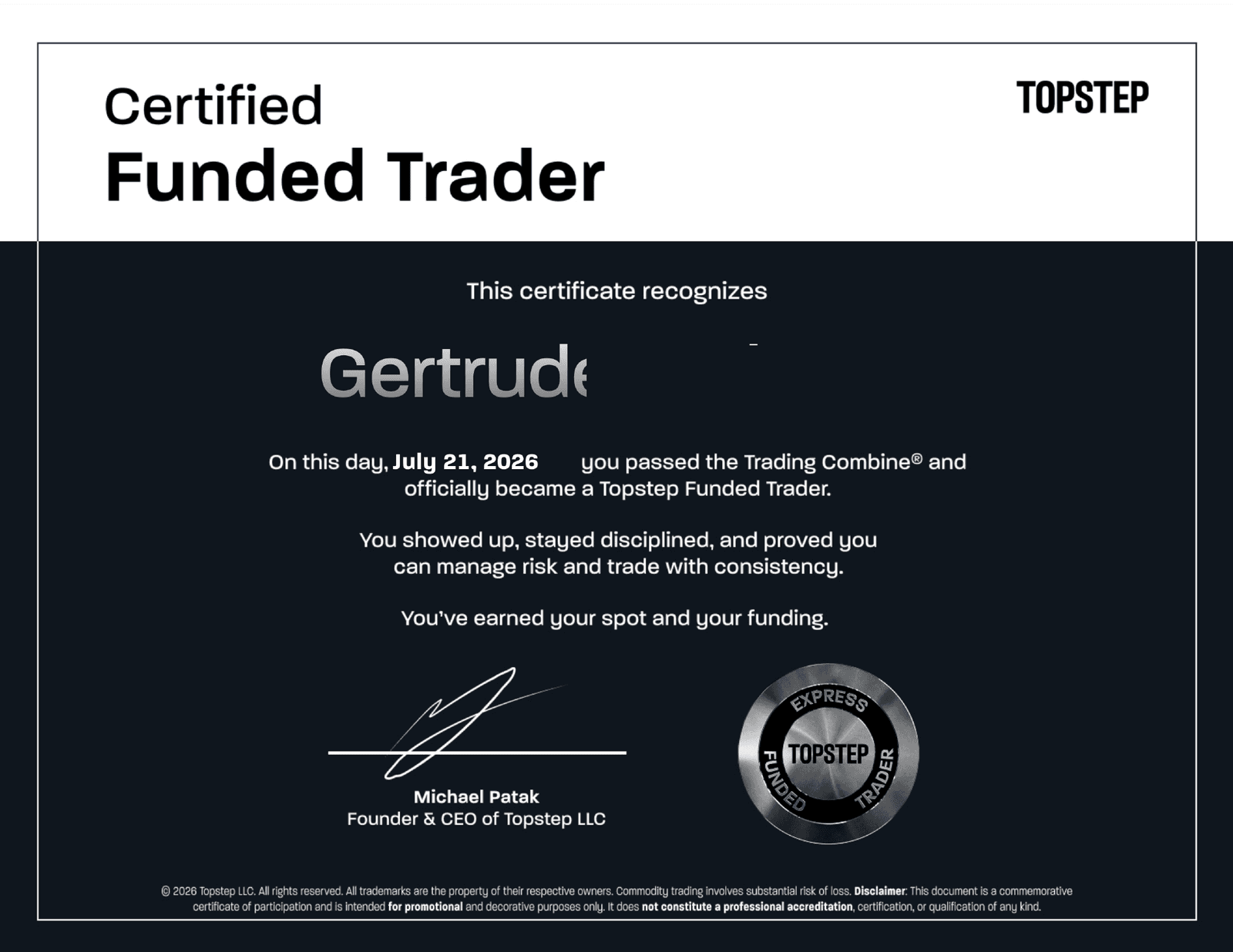 Topstep Certified Funded Trader certificate with last name redacted